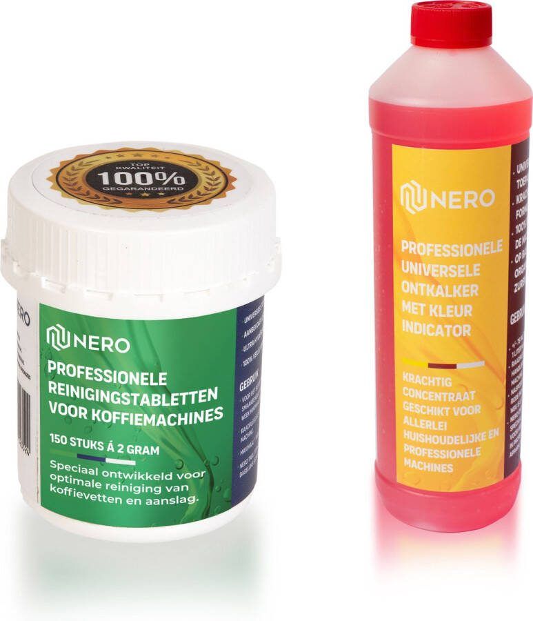 Nero Koffiemachine ontkalker voordeelset 150 tabletten + 750 ml ontkalker koffie en espressomachine reiniging koffievet koffie olie universeel Jura-Siemens-Melitta-Philips
