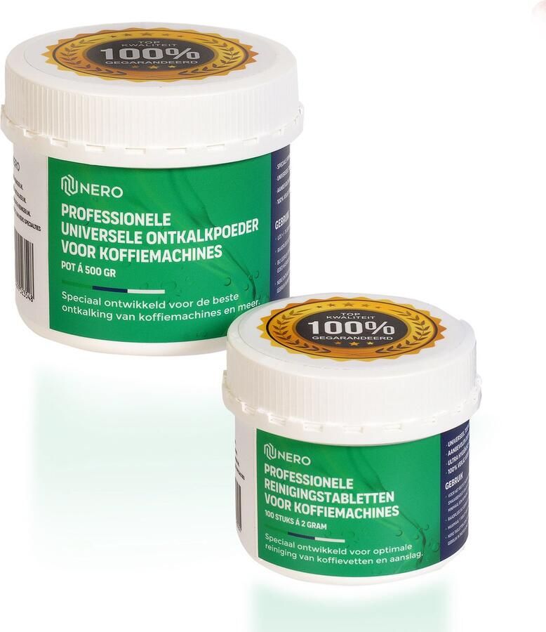 Nero Koffie Reinigingstabletten & Ontkalker Voordeelset 100 Tabletten + 500g Ontkalker Geschikt voor Koffie- en Espressomachines Verwijdert Koffievet en Koffieolie Compatibel met Jura Siemens Melitta Philips