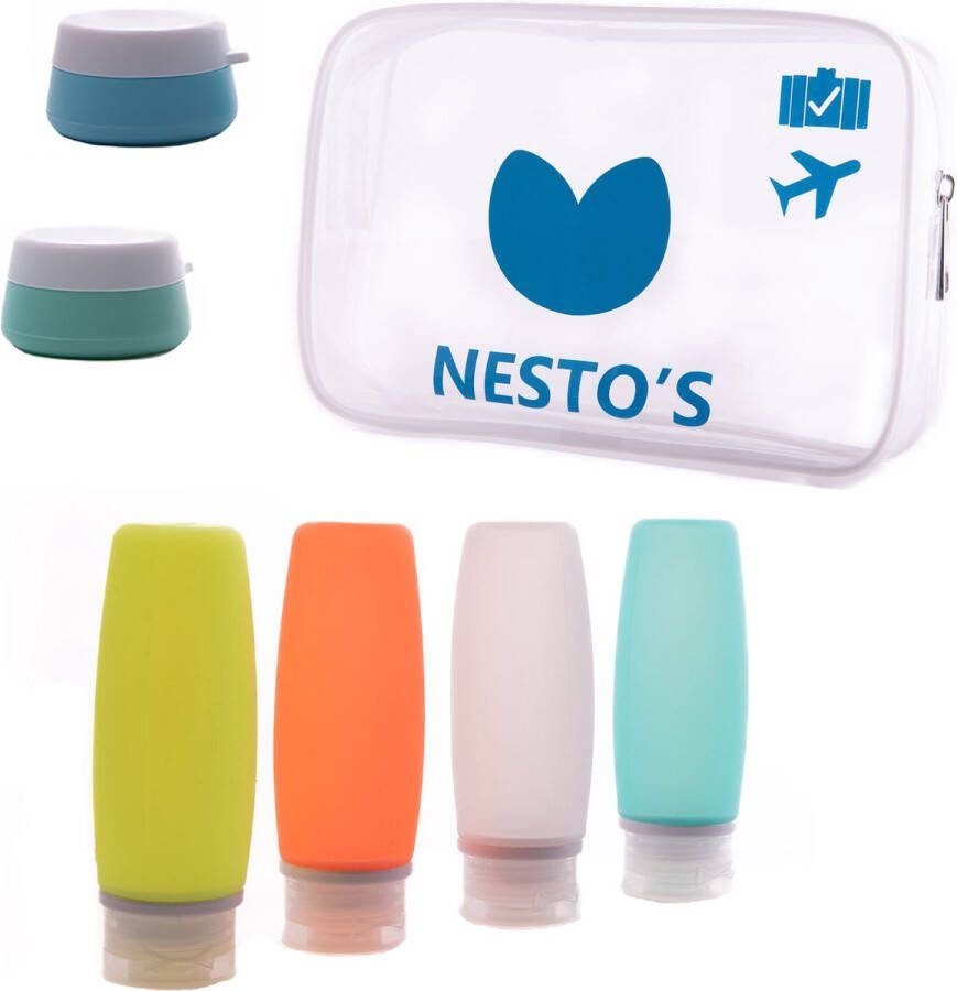 Nesto's Navulbare Reisflesjes met Etui Reisflacons 100ml- Reispotjes Handbagage Mini Shampoo Reisverpakking Siliconen Vliegtuig Reisset toiletartikelen 7-delig