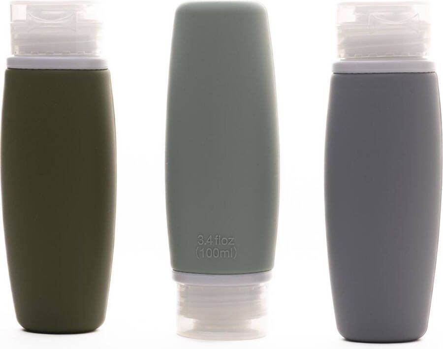 Nesto's Navulbare Reisflesjes met Etui Reisflacons 100ml- Reispotjes Handbagage Mini Shampoo Reisverpakking Siliconen Vliegtuig Reisset toiletartikelen Loodgrijs Olijfgroen Turkoois 4-delig