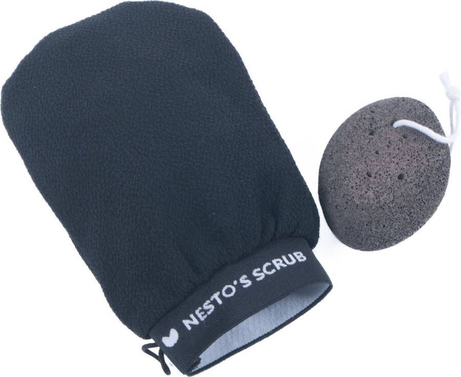 Nesto's Nesto s Scrub Handschoen en Puimsteen voor Eelt Exfoliating Glove Washand Kessa Kese Lichaam Zwart