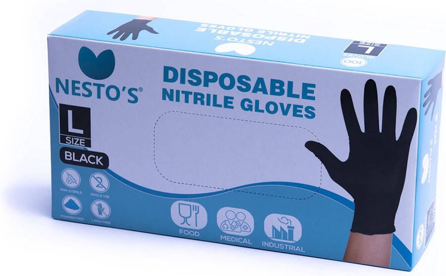 Nesto's Nitril Wegwerp Handschoenen Latexvrij Poedervrij Niet steriel Onderzoekshandschoenen Medisch Plastic Maat L Zwart
