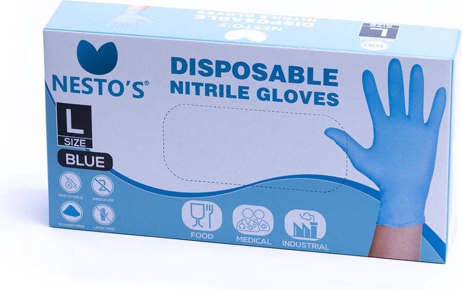Nesto's Nitril Wegwerp Handschoenen 100 stuks Latexvrij Poedervrij Niet steriel Onderzoekshandschoenen Medisch Plastic Maat L Blauw