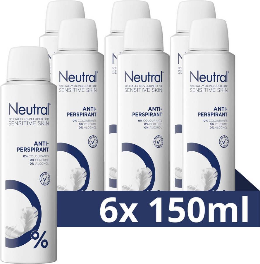 Neutral 0% Parfumvrij Anti-Transpirant Deodorant Spray 6 x 150 ml Voordeelverpakking