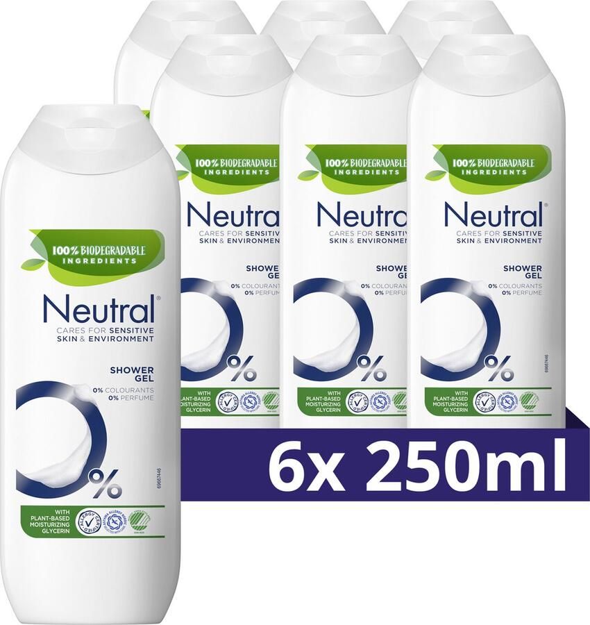 Neutral Showergel 0% vrij van parfum en kleurstof met 100% biologisch afbreekbare ingrediënten 6 x 250 ml