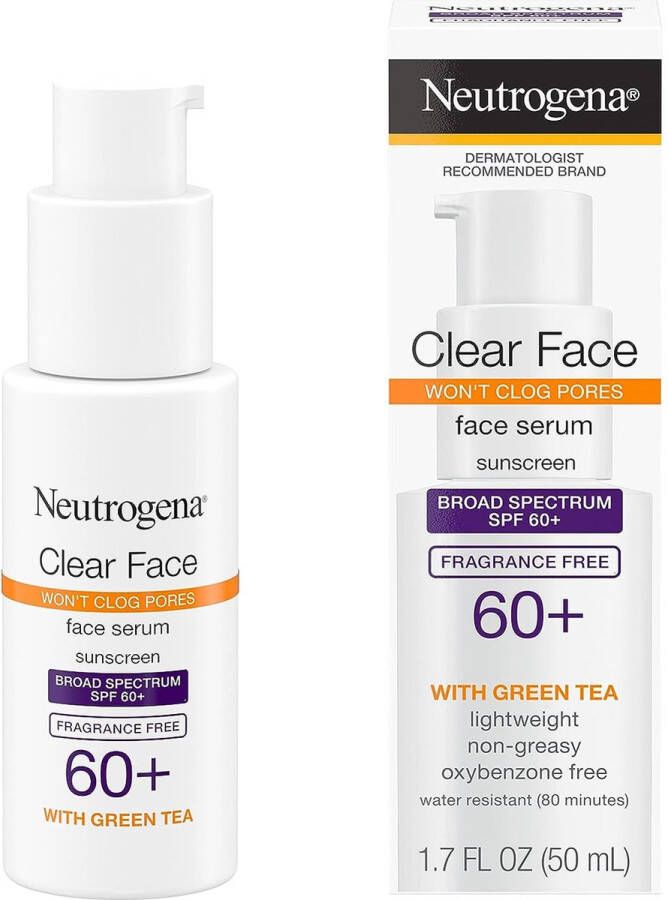 Neutrogena Clear Face Serum zonnebrandcrème met groene thee breed spectrum SPF 60+ niet-comedogene gezichtszonnebrandcrème voor lichtgewicht UVA UVB-bescherming oxybenzone- en geurvrij 1 7 fl. Oz