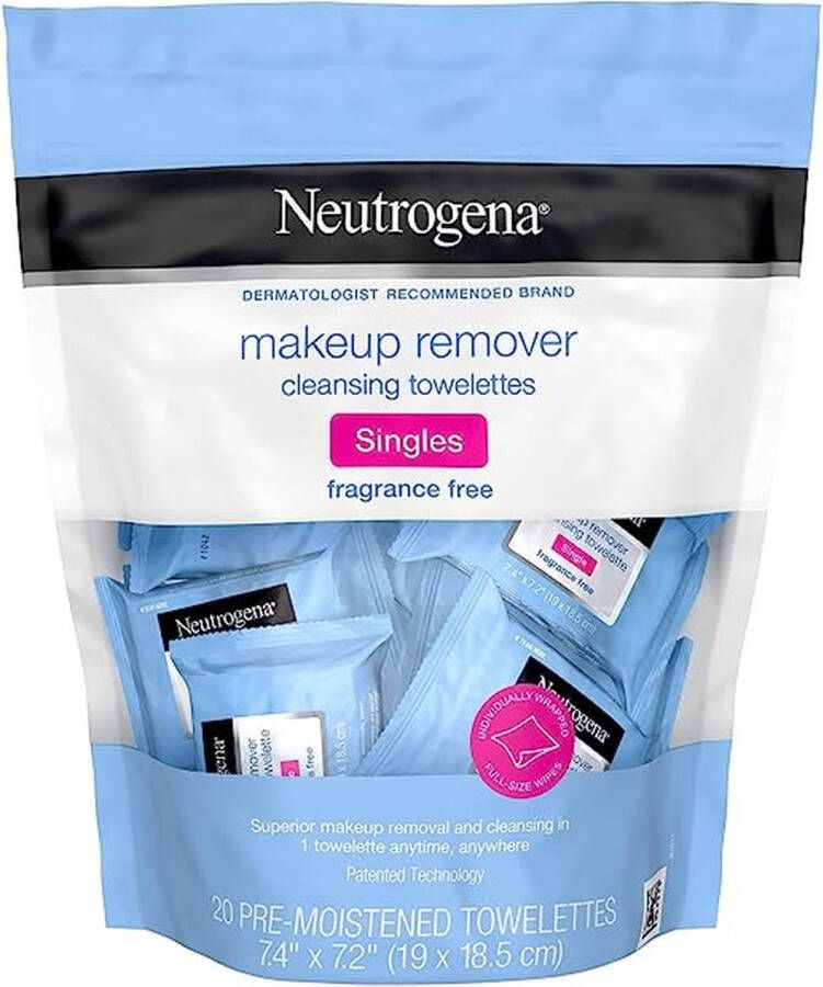 Neutrogena Geurvrije Make-up Remover Cleansing Towelette Singles Individueel Verpakte Dagelijkse Gezichtsdoekjes 20 Stuks