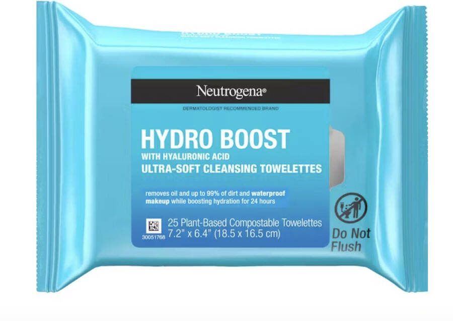 Neutrogena Hydro Boost Facial Cleansing Towelettes + Hyaluronic Acid Hydrating Makeup Remover Face Wipes Remove Dirt & Waterproof Makeup Hypoallergenic 100% Plant-Based Cloth Reinigingsdoekjes