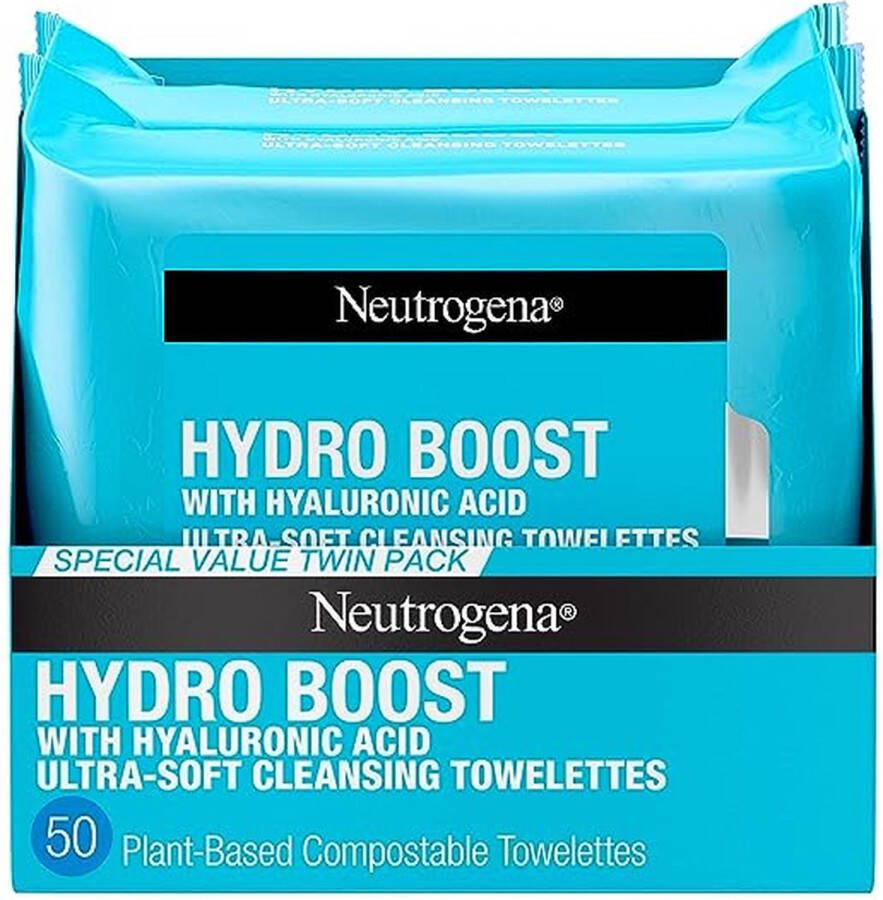 Neutrogena Hydro Boost gezichtsreinigingsdoekjes + hyaluronzuur hydraterende make-up remover Gezichtsdoekjes Verwijder vuil en waterdichte make-up hypoallergeen 100% plantaardige doek 2 x 25 stuks