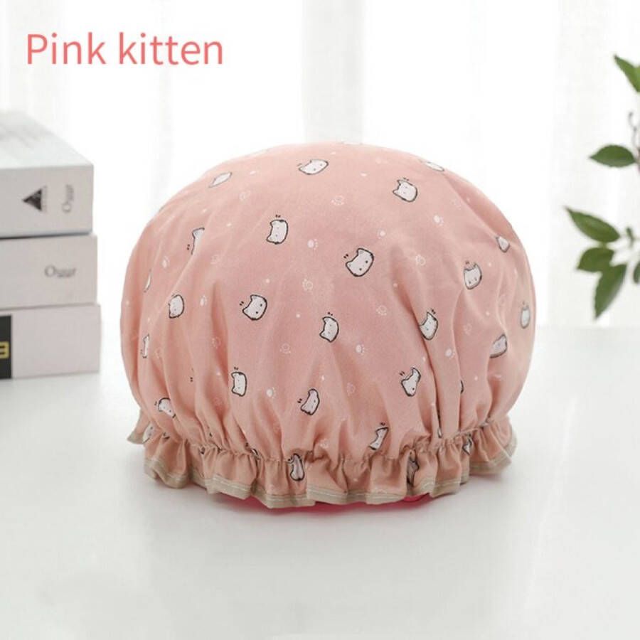 New Age Devi 2 x Dikke Douche muts Shower Cap Pink Cat Waterdicht BadMuts Dubbele Laag Douchemuts Haar Cover Bedekking Vrouwen Benodigdheden DoucheCap Badkamer Accessoires