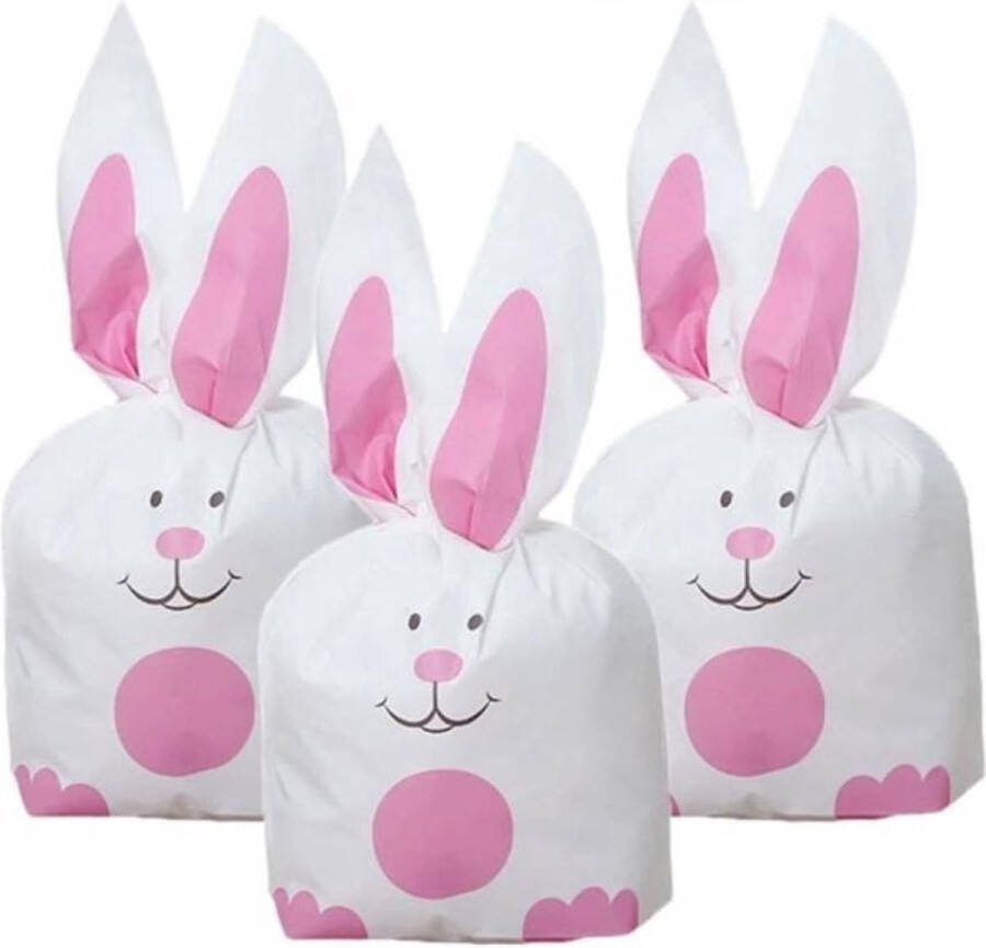 New Age Devi 50x Uitdeelzakjes {Wit-Roze Konijn} Perfect voor Pasen Kinderfeestjes of Verjaardagen 13x22cm Plastic Traktatie Zakjes Snoepzakjes Koekzakjes Koekje & Cookie Bags