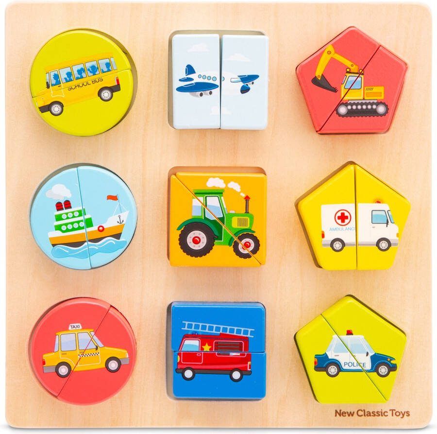 New Classic Toys Houten Geometrische Vormenpuzzel Voertuigen Speelgoed