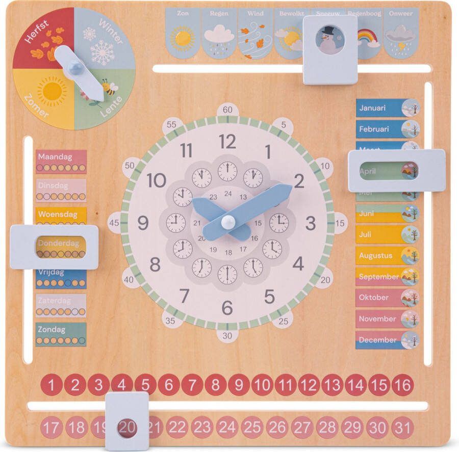 New Classic Toys Houten Kalenderklok Leer Klokkijken Leerklok Weet jij welke dag het is? Hoe laat is het? Schijnt de zon?