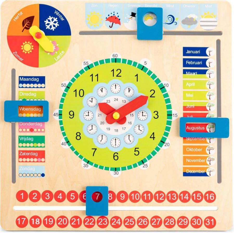 New Classic Toys Houten Kalenderklok Leer Klokkijken Weet jij welke dag het is? Hoe laat is het? Schijnt de zon?