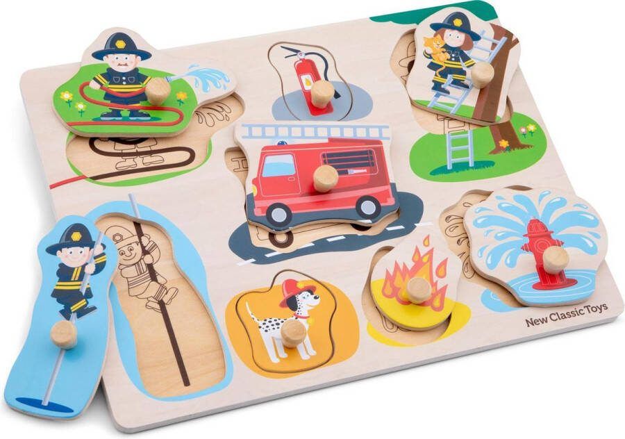 New Classic Toys Houten Knoppuzzel Brandweer Houten Puzzel met Knopjes 8 Puzzelstukjes FSC