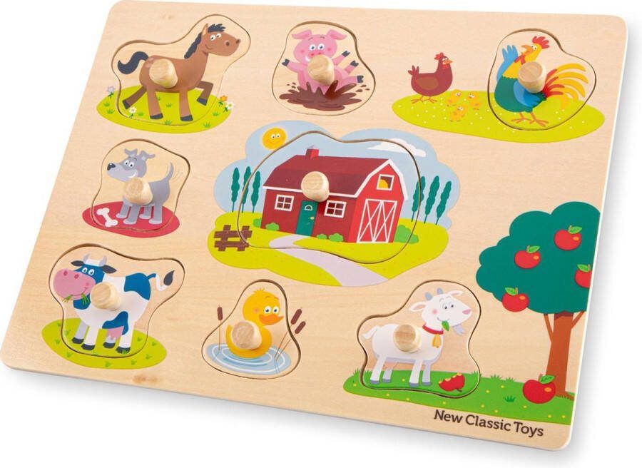 New Classic Toys Houten Knoppuzzel Boerderijdieren Boerderij Houten Puzzel met Knopjes 8 Puzzelstukjes FSC