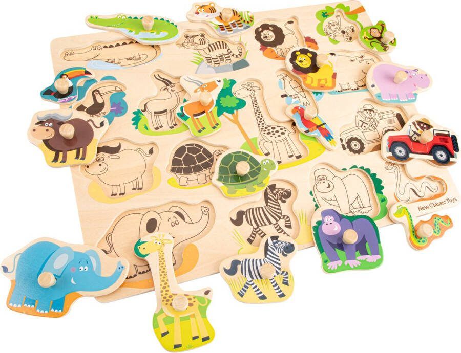 New Classic Toys Grote Houten Knoppuzzel Safaridieren Safari Houten Puzzel met Knopjes 16 Puzzelstukjes FSC