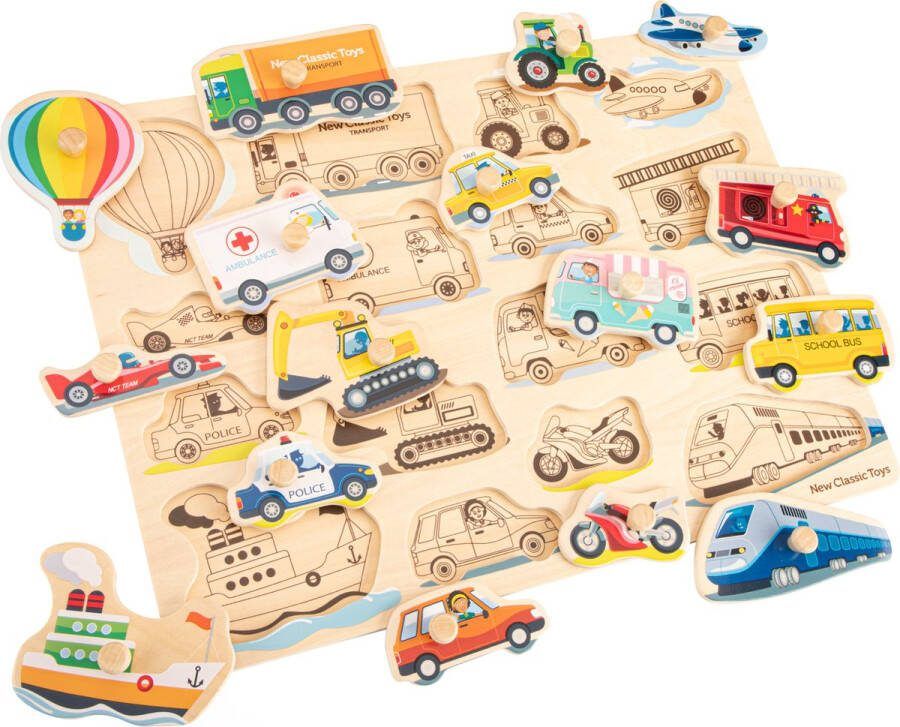 New Classic Toys Grote Houten Knoppuzzel Voertuigen Auto's Houten Puzzel met Knopjes 16 Puzzelstukjes FSC