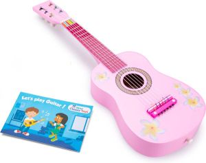 New Classic Toys Houten Speelgoed Gitaar met Muziekboekje Inclusief Draagriem Roze met Bloemen