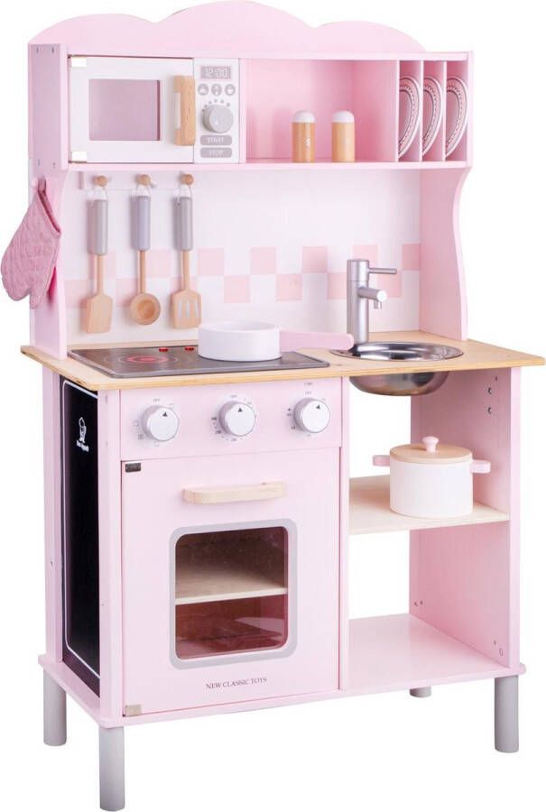 New Classic Toys Houten Speelkeuken Roze Met Kookplaat die Licht geeft en Kook Geluid maakt Krijtbord aan de zijkant
