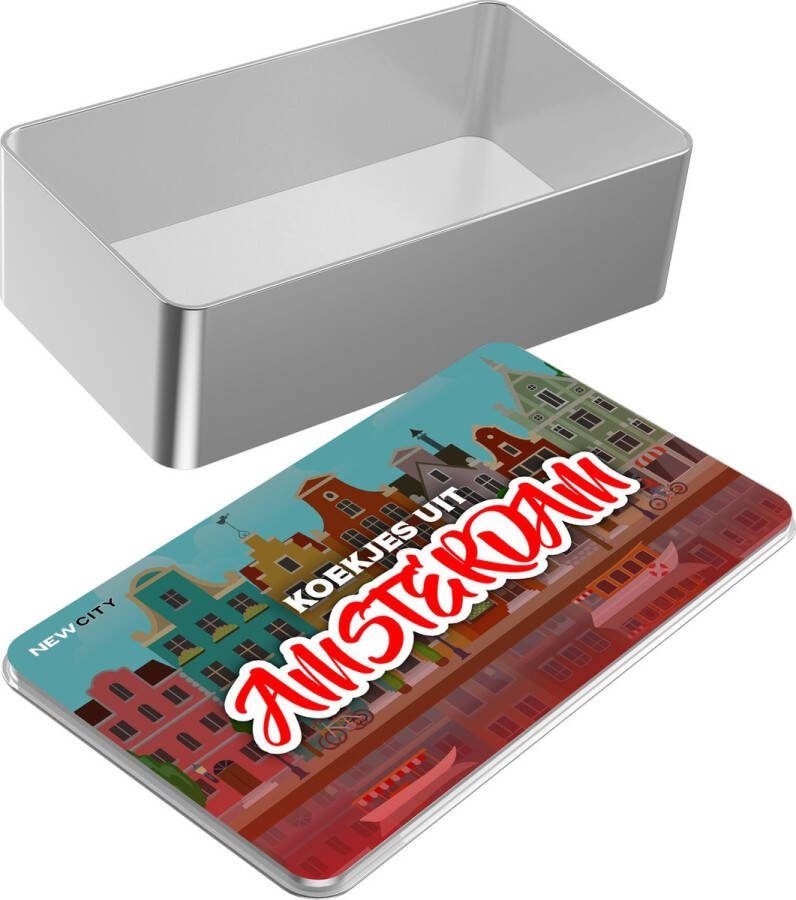 NewCity Koekjestrommel met Amsterdam stad opdruk Luchtdicht Bewaarblik voor koekjes en snoepjes 18 5 x 11 5 x 5 CM Zilver