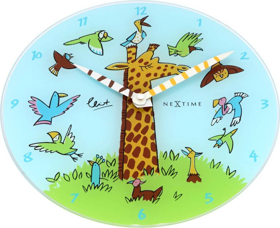 NeXtime Giraffe Joy Klok Rond Glas �30 cm Blauw