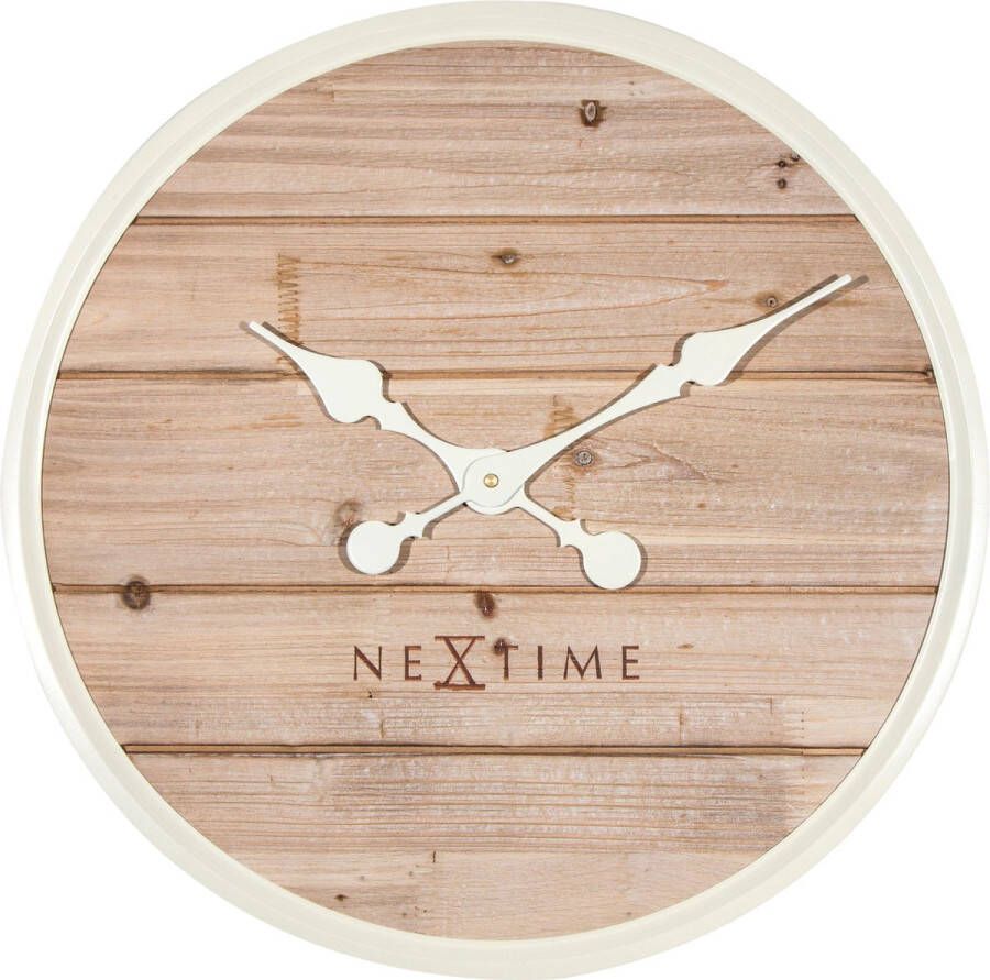 NeXtime Plank Klok Stil Uurwerk Groot Rond Hout Metaal Ø50 cm Wit