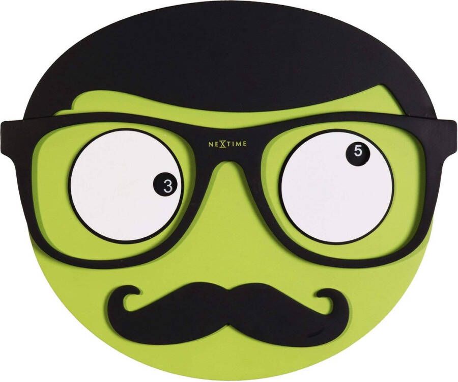 NeXtime Mr. Mustache Klok Stil Uurwerk Rond Hout 37x31 cm Groen Zwart