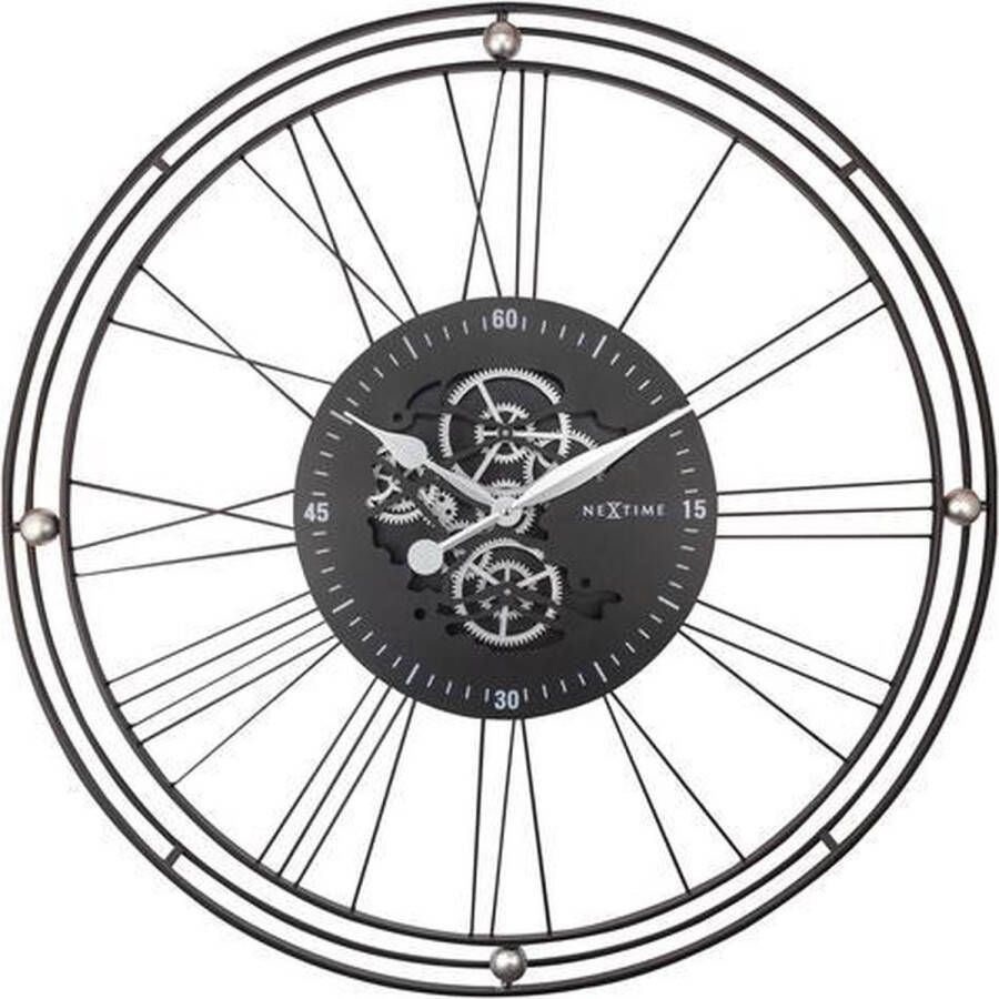 NeXtime Wandklok 90 5cm Roman Gear zwart zilver metaal NE-3260ZI