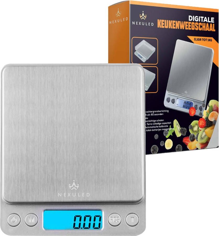 Nexuled Digitale Precisie Keukenweegschaal Weegschaal Keuken Digitaal 0 1gr tot 1kg Tarra Functie Elektrisch RVS