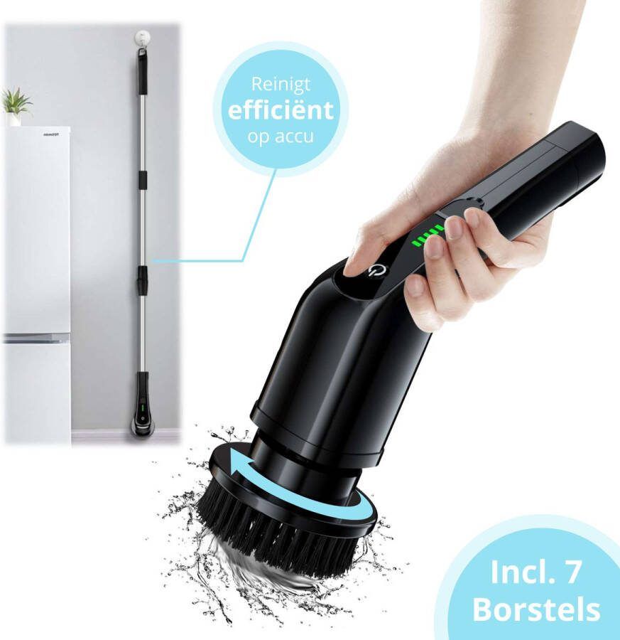 Nexvex Elektrische Schoonmaakborstel Schrobber met steel Poetsmachine Elektrische Schrobborstel met steel Borstel Mop Dweil Polijstmachine Schrobbezem Multi Scrubber Schrobmachine Elektrische Schrobber 8 opzetstukken Zwart