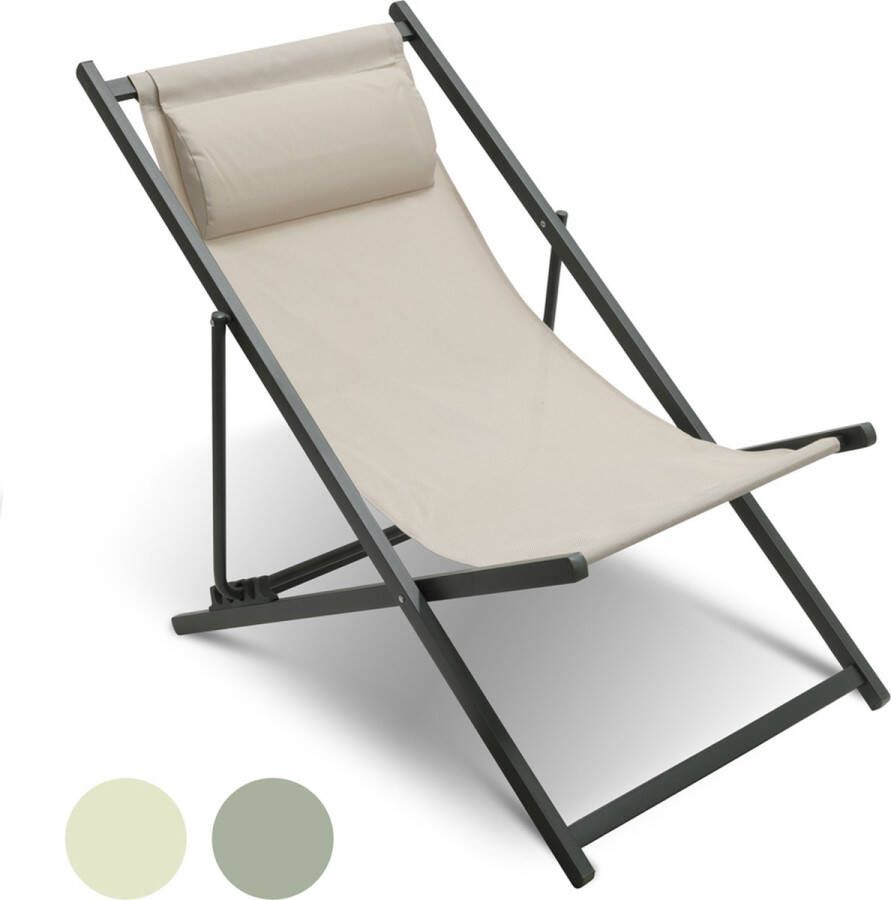 NICEEY Ligstoel Opvouwbaar met Hoofdsteun Strandstoel Inklapbaar Campingstoel Strandstoel Tuin Beige