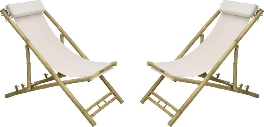 NICEEY Ligstoel met Hoofdkussen Strandstoel Verstelbaar Bamboe Set van 2 Wit