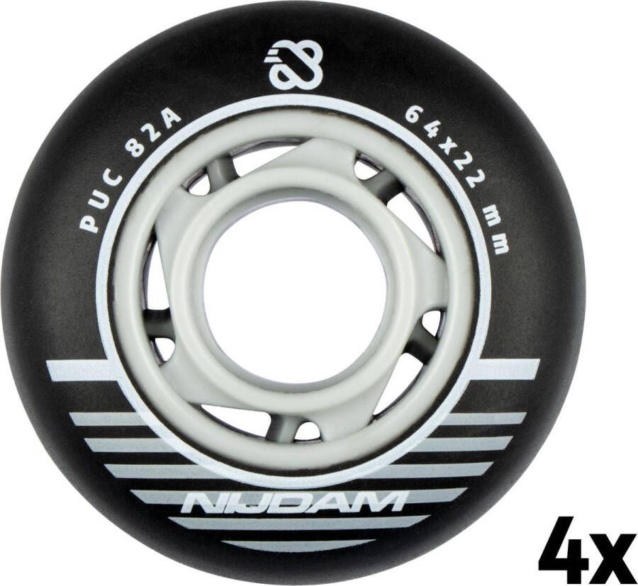 Nijdam Inline Skate Wielen Set 64x24 mm 4st Black Zwart Zilver Wit