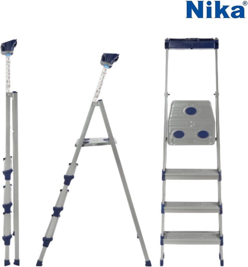 NIKA Ladder 4 Treden Aluminium Gereedschapsbakje Vouwladder Antislip Max. Statische Belasting 150 kg