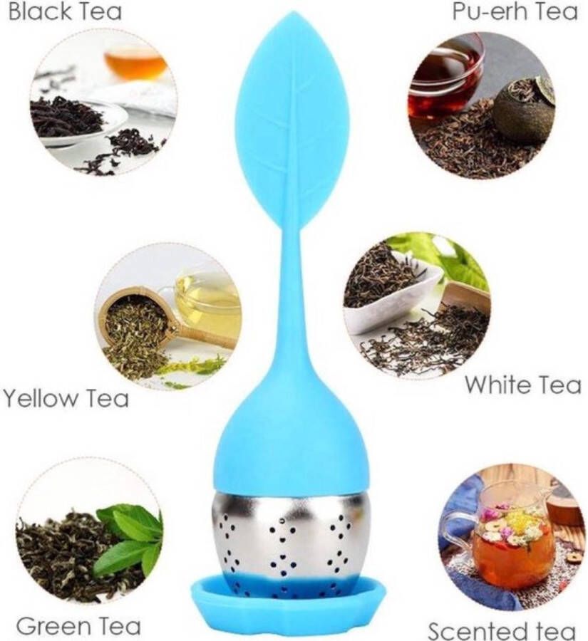Nika's Thee ei Incl Chinese thee filter dispenser diffuser aluminium siliconen blauw blad vorm