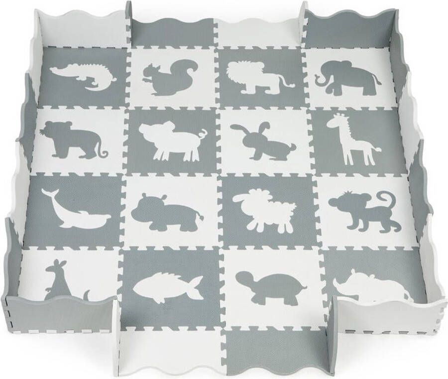 NilaFee Collection NilaFee ™ Speelkleed Speelmat met rand Foam Beschermhoes Puzzelmat Dieren 25 Stukken- Baby Vloertegels Crème Grijs 150 x 150 cm
