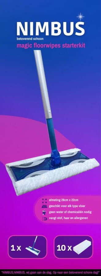 Nimbus Vloerreiniger Starterkit 1 x Vloerwisser + 10 Droge Vloerdoekjes Geschikt voor Swiffer