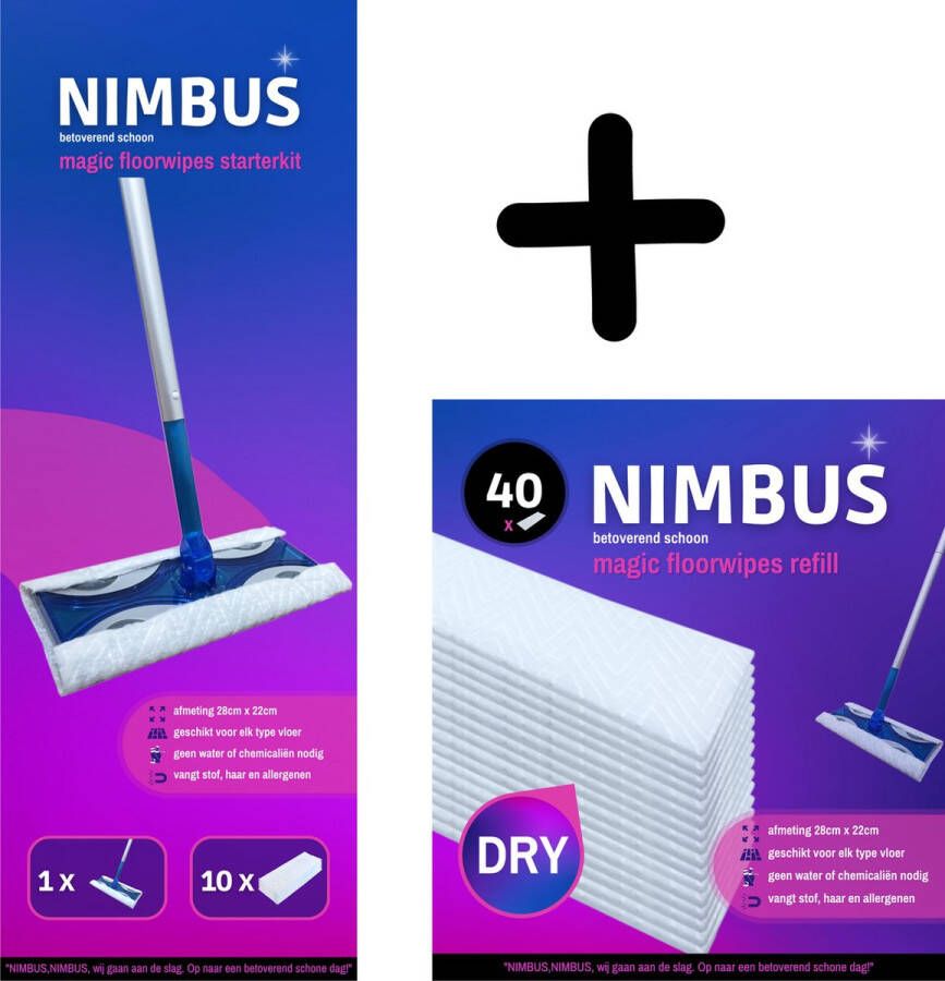 Nimbus Magic Floorwipes Starterkit Vloerreiniger 1 x Vloerwisser + 50 Droge Vloerdoekjes