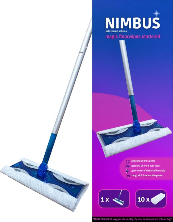 Nimbus Vloerreiniger Starterkit 1 x Vloerwisser + 10 Droge Vloerdoekjes Geschikt voor Swiffer