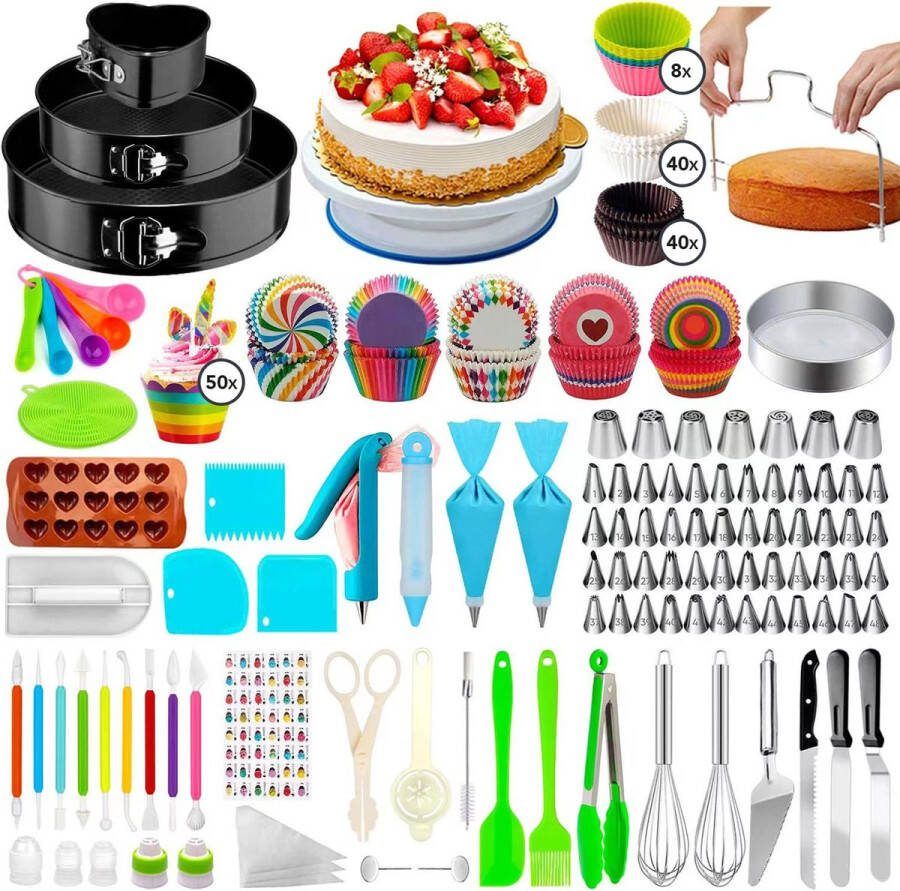 Nimma Bakspullen & Taartversiering Set 338-Delig Incl. Taartvorm Draaiplateau Maatlepels Cupcake Vormpjes Hartjes Bakvorm Spuitzak met Spuitmondjes Springvorm ⌀22cm ⌀20cm