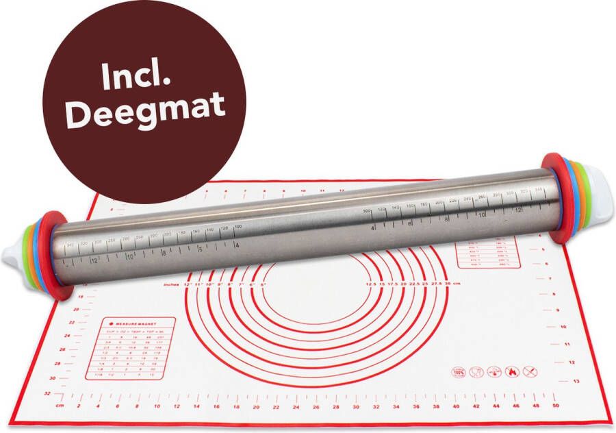 Nimma Deegroller Verstelbaar Inclusief XL Bakmat 60 x 40 cm Antikleef Deegmat RVS