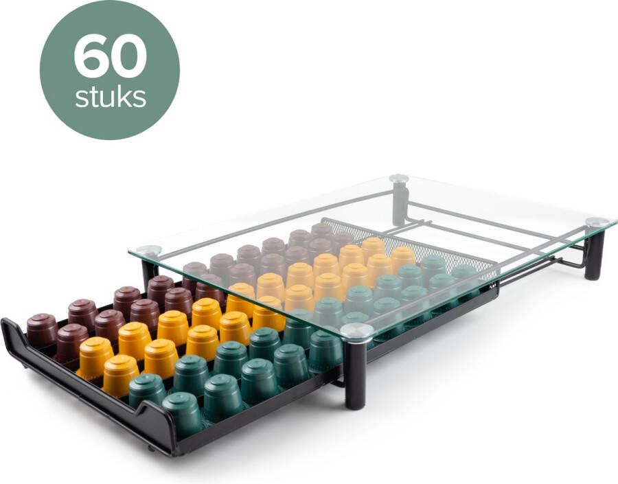 Nimma Nespresso Capsulehouder voor 60 Capsules Met Lade Koffiecuphouder Glas Zwart