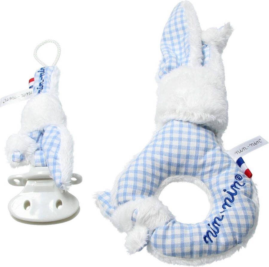 Nin Knuffel Rammelaar Konijntje en Spenenkoord Blauw Wit
