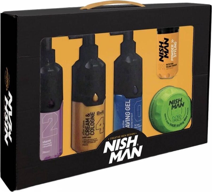 Nish Man Nishman |Giftset |verjaardagscadeau | Geschenkset | Cadeauset | 5 in Box | Cologne Aftershave Storm | Cream en Cologne Goud | Scheergel | Matte Klei Wax | Volume Poeder