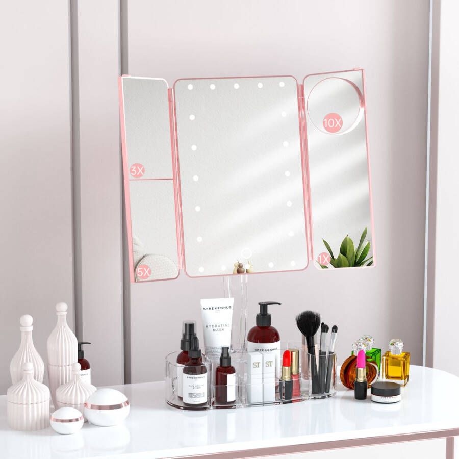 Nisha & Me Make-Up Spiegel met Organizer Drieluik Spiegel Tafelspiegel met LED Verlichting 2x 3x 10x Vergroting USB kabel Bluetooth