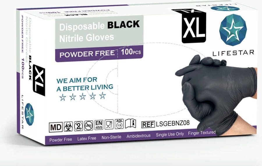 Nitras Wegwerphandschoenen nitril- poedervrij zwart maat XL 100 stuks