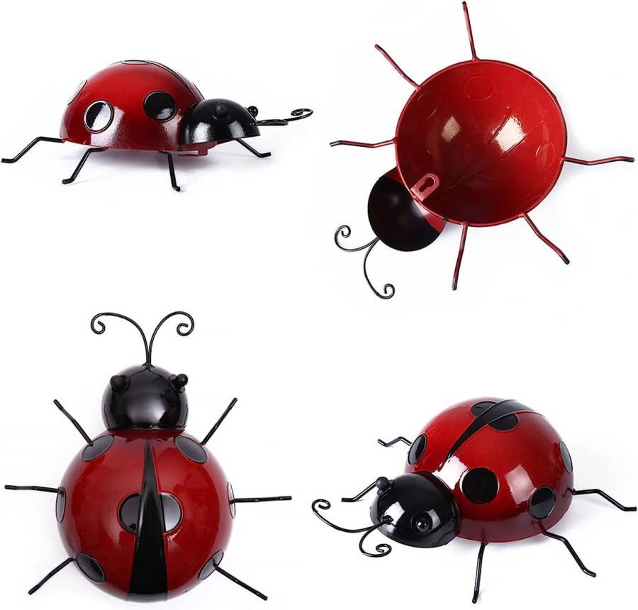 Niuhong 4 stuks lieveheersbeestjes tuindecoratie Ladybug wandsculptuur decoratie metalen kever wanddecoratie tuinhek binnen roest decoratie balkon decoratie insecten home decoraties 3D wanddecoratie insectenhekken decor rood