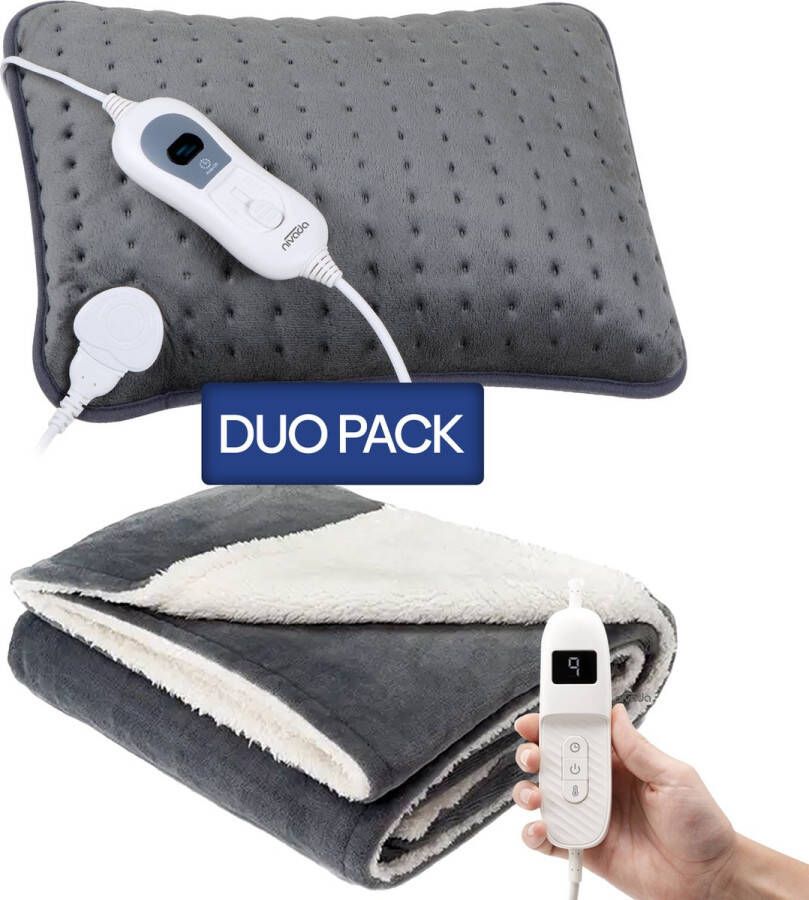 NIVADA Elektrische Warmtedeken & Elektrische Warmtekussen [DUO PACK] 180x130 cm [DEKEN] 30x38 cm [KUSSEN] Grijs Automatische Uitschakel Functie