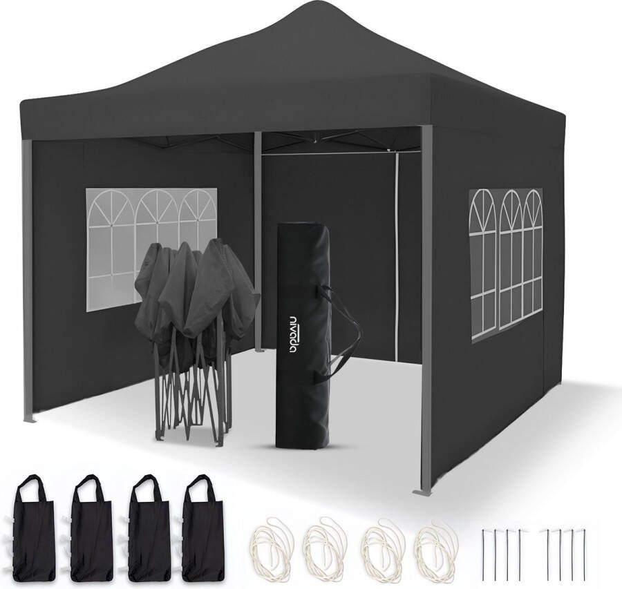 NIVADA Opvouwbaar Easy Up Partytent XL 3x3m Feesttent met Afneembare Zijwanden Zwart Paviljoen Incl. Haringen touw zandzakken en Draagtas met Wieltjes